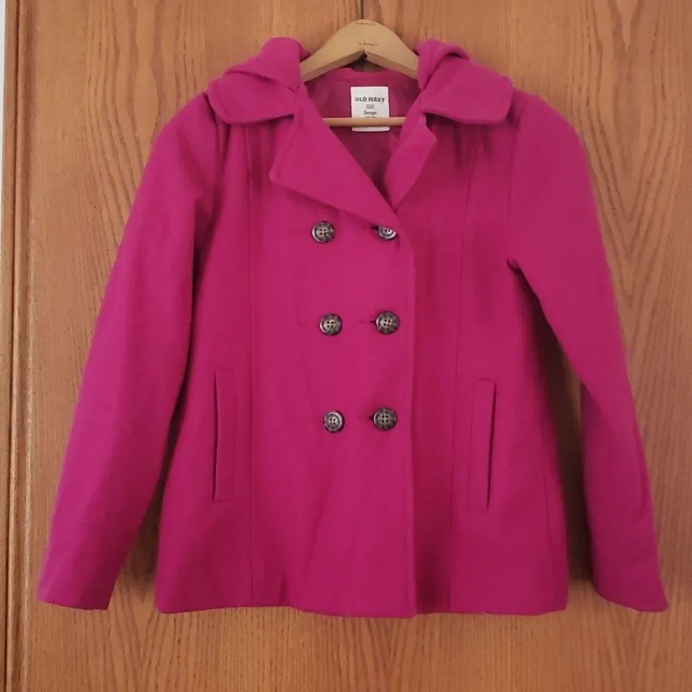 EUC Girls Old Navy Fuschia Hooded Wool Blend Winter Coat Jacket Sz L (10-12)